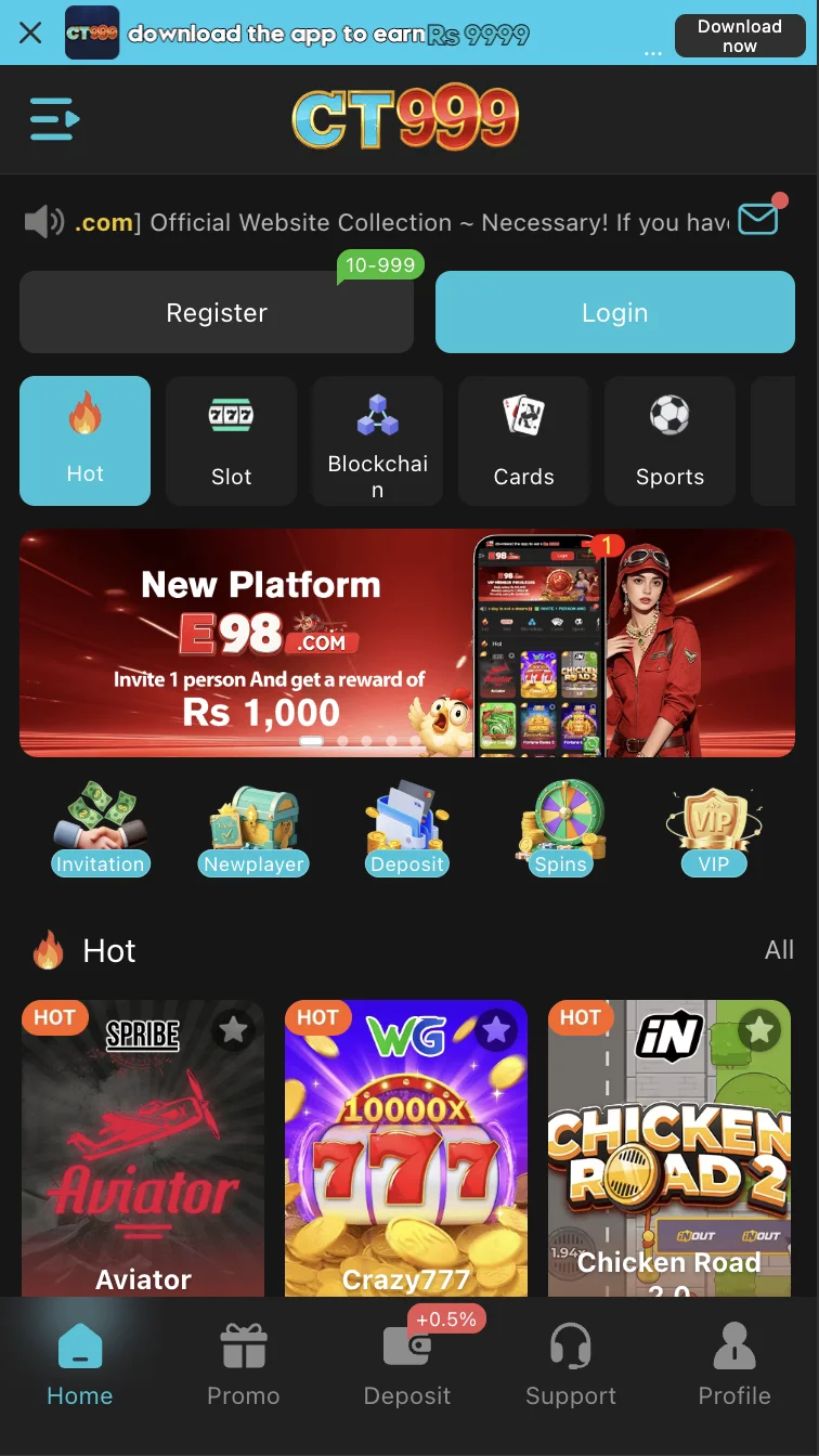 CT999 Game home screen showing the casino lobby with slots and live tables