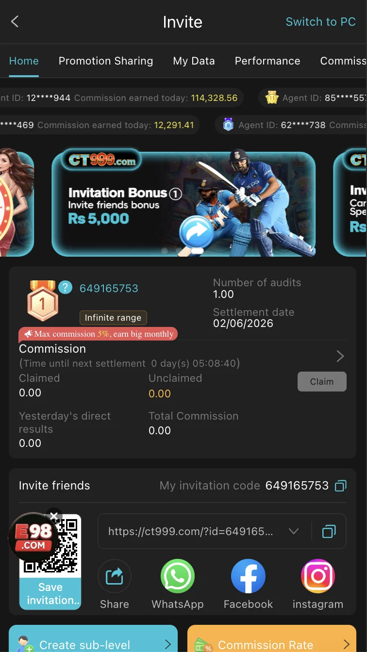 CT999 Game referral programme screen showing invite code and commission tracking
