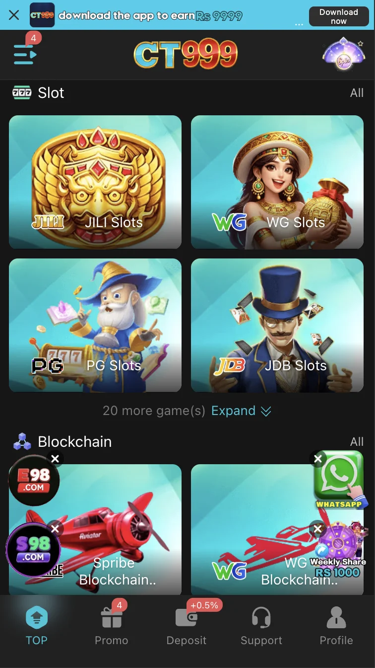 CT999 Game slots library screen with spinning reel titles and bet amounts