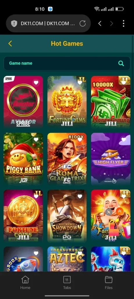 DK11 Game slots lobby featuring spinning-reel games