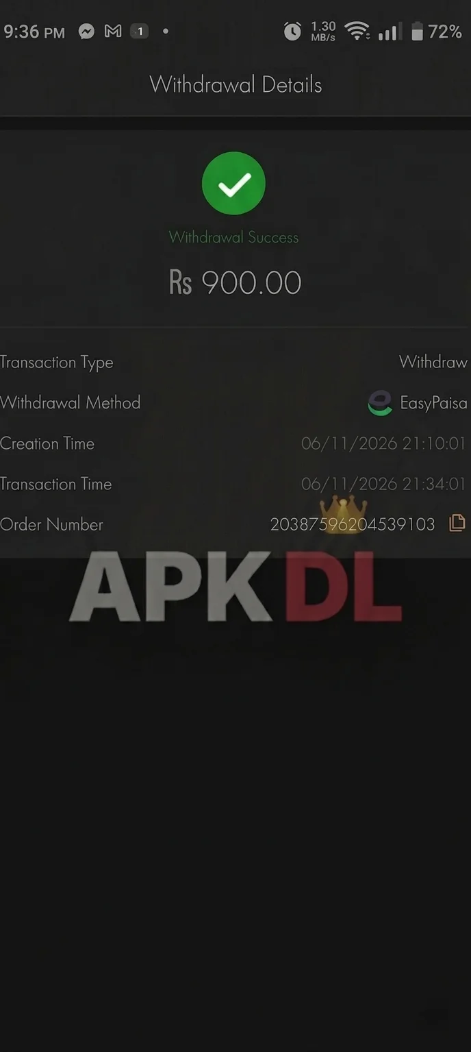 DK11 withdrawal proof - Rs 900 withdrawn via EasyPaisa in 24 minutes