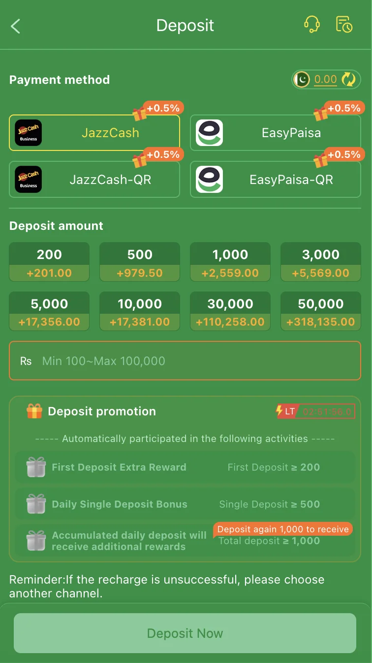 HD77 Game deposit screen with JazzCash and EasyPaisa options and Rs 100 minimum