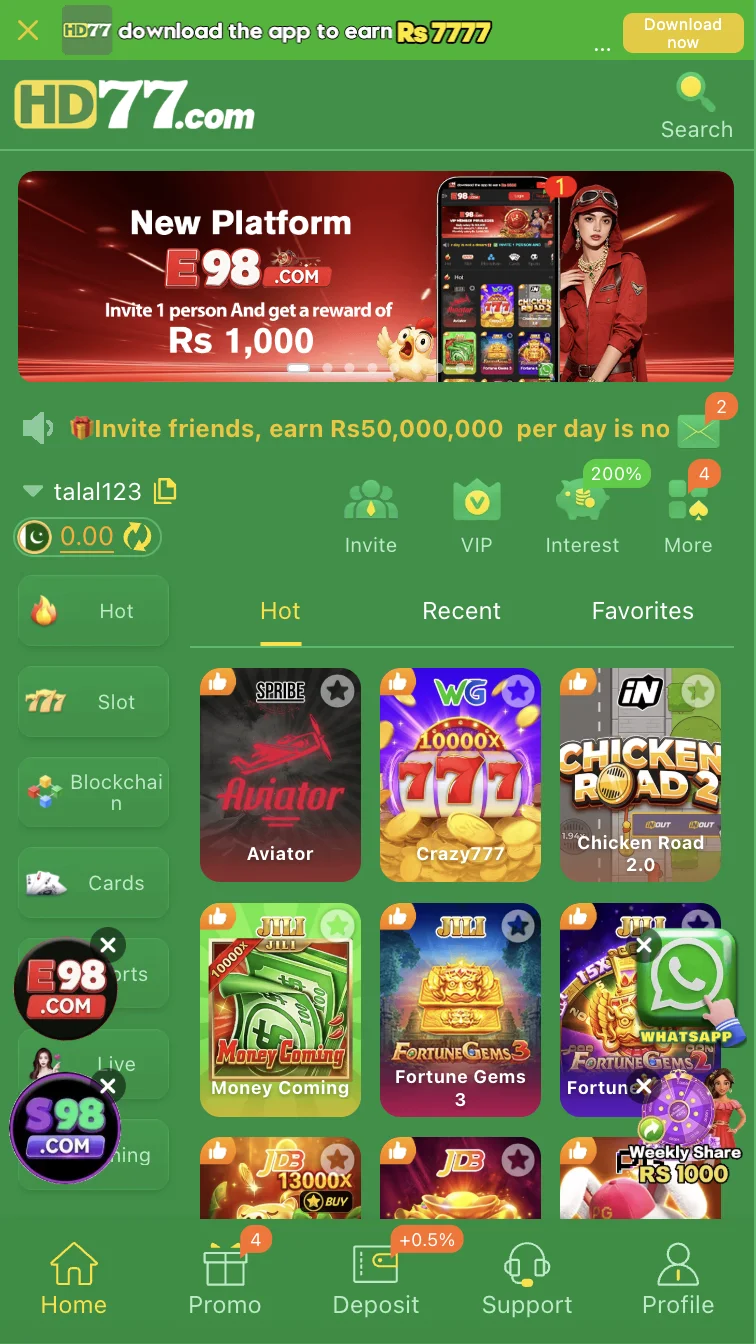 HD77 Game home screen showing the slots, fishing, and lucky-draw lobby