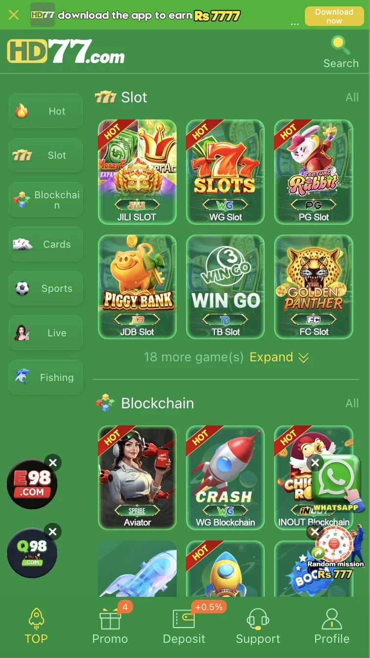 HD77 slots lobby featuring multiple slot titles and bet ranges