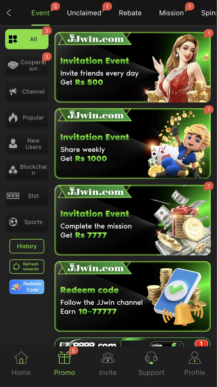 JJWin daily bonus and login rewards page showing streak counter