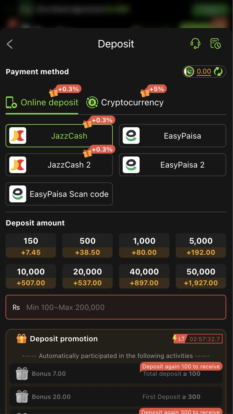 JJWin Game deposit screen with JazzCash and EasyPaisa payment options
