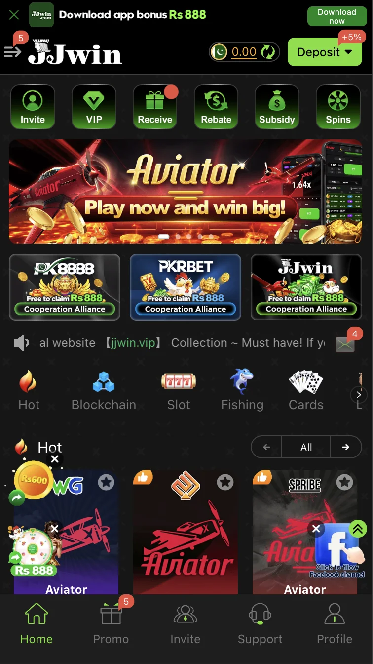 JJWin Game home screen showing the full games lobby with slots and table games