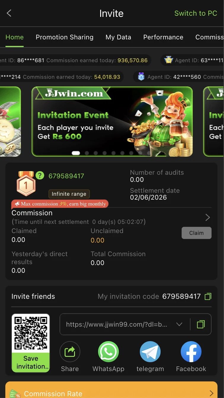 JJWin referral commission programme screen with invite code and earnings