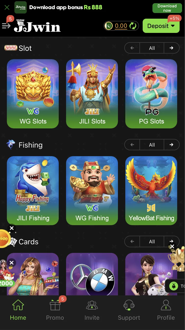 JJWin slots game lobby featuring Fortune Gems and Super Ace
