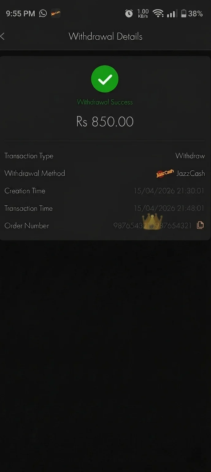 JJWin Game withdrawal proof - Rs 850 withdrawn via JazzCash in 18 minutes