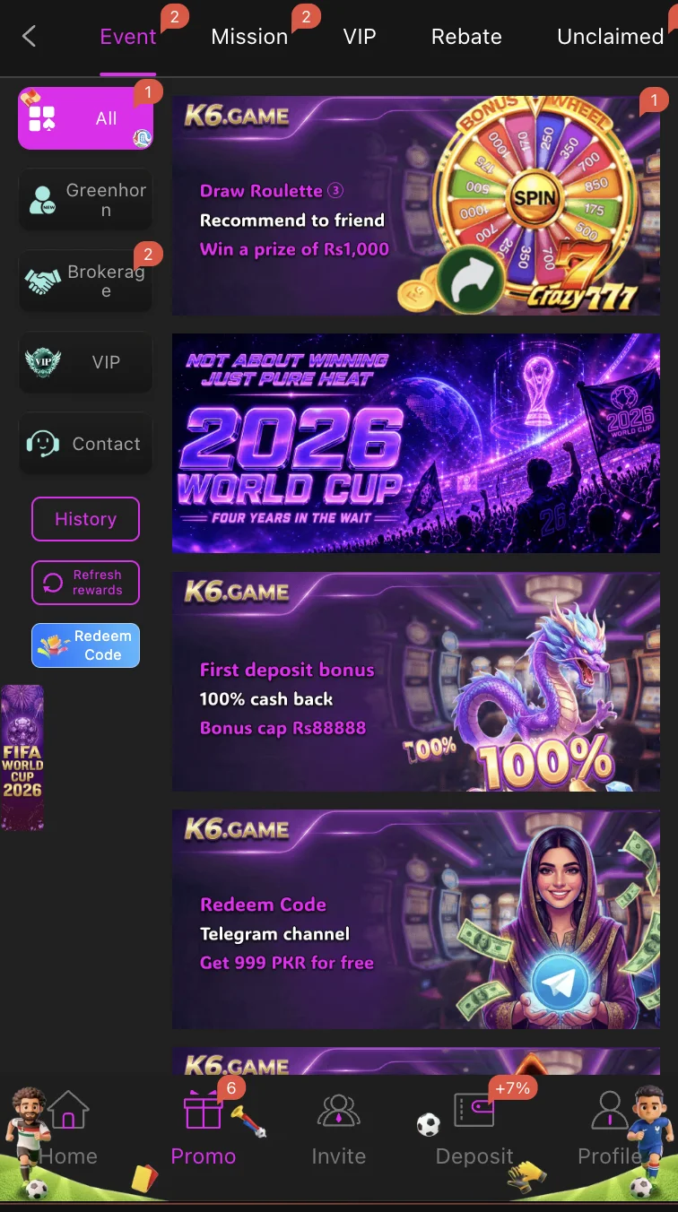 K6 Club bonus and promotions screen showing daily offers and VIP rewards