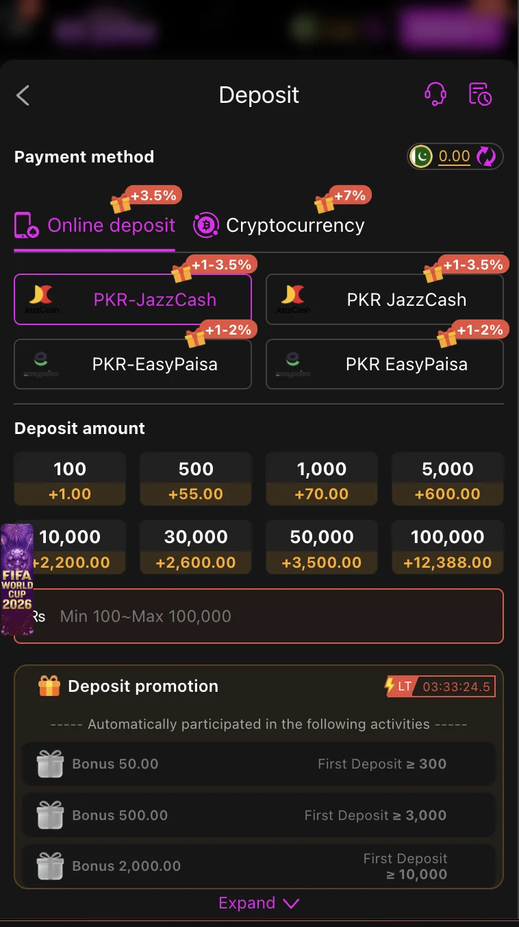 K6 Club deposit screen showing JazzCash and EasyPaisa payment options