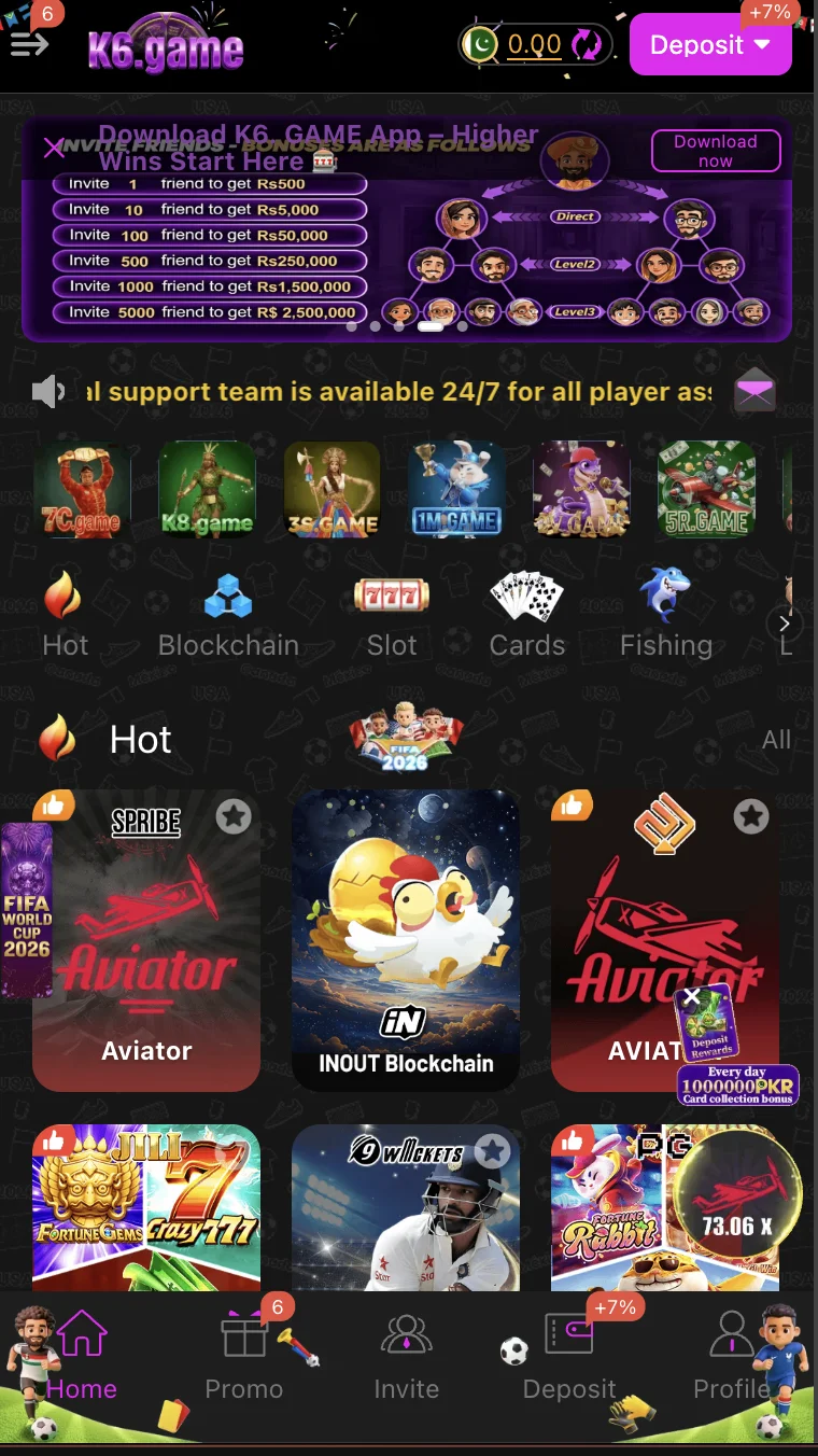 K6 Club home screen showing the spinning wheel and game lobby