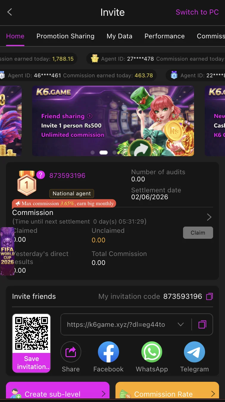K6 Club referral programme screen showing invite code and commission structure