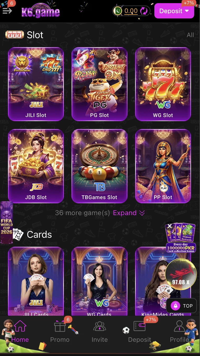 K6 Club slots section with game tiles and bet options