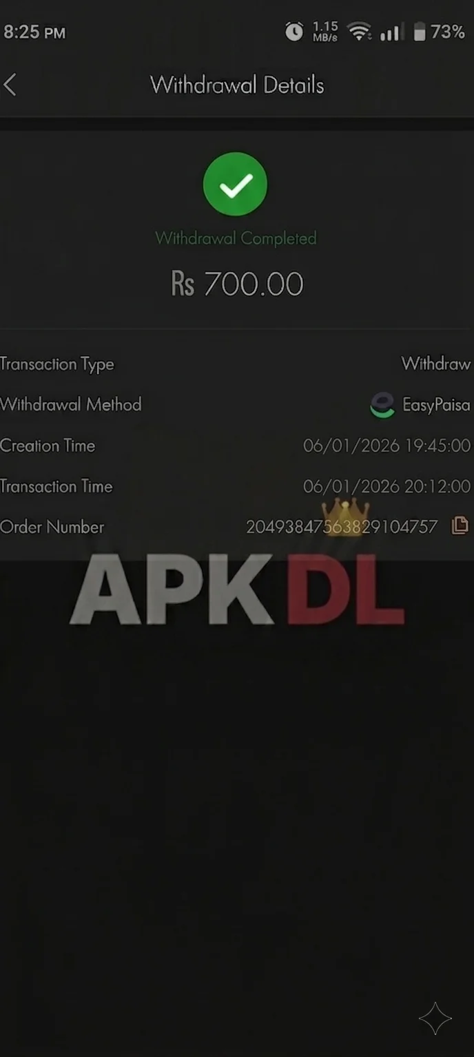 K6 Club withdrawal proof - Rs 700 withdrawn via EasyPaisa in 34 minutes