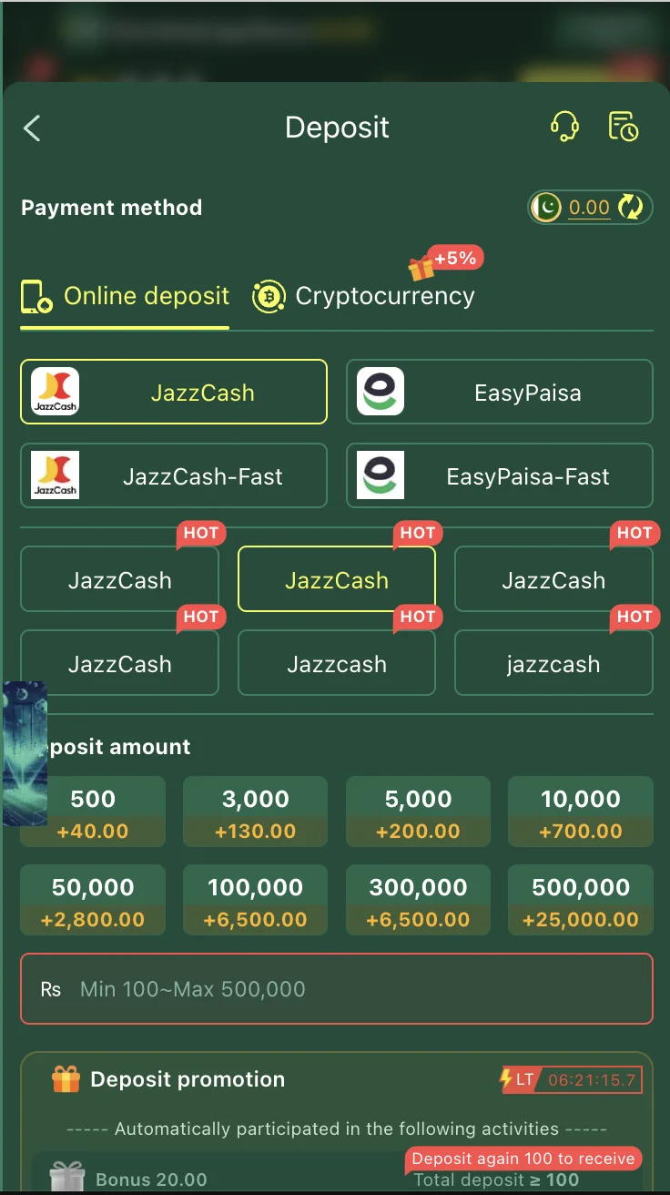 K666 Game deposit screen with JazzCash and EasyPaisa payment options