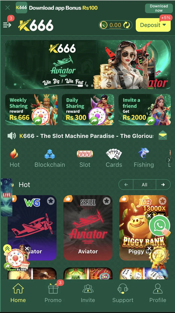 K666 Game home screen showing the multi-category games lobby
