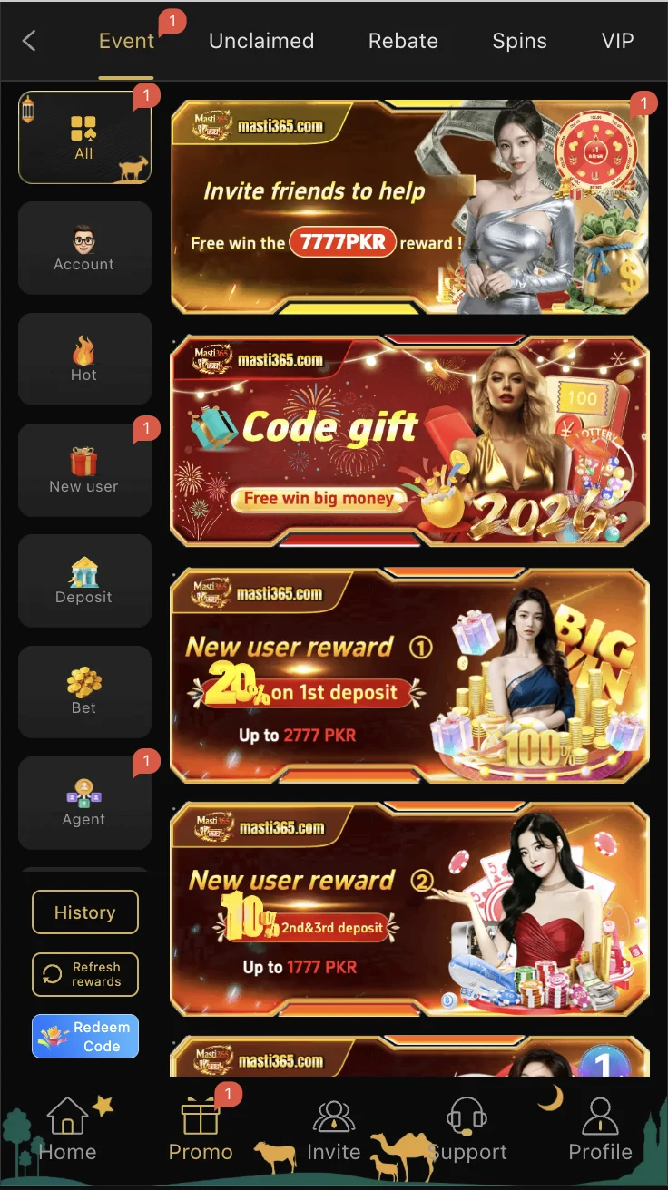 Masti365 Game bonus and promotions screen showing daily rewards