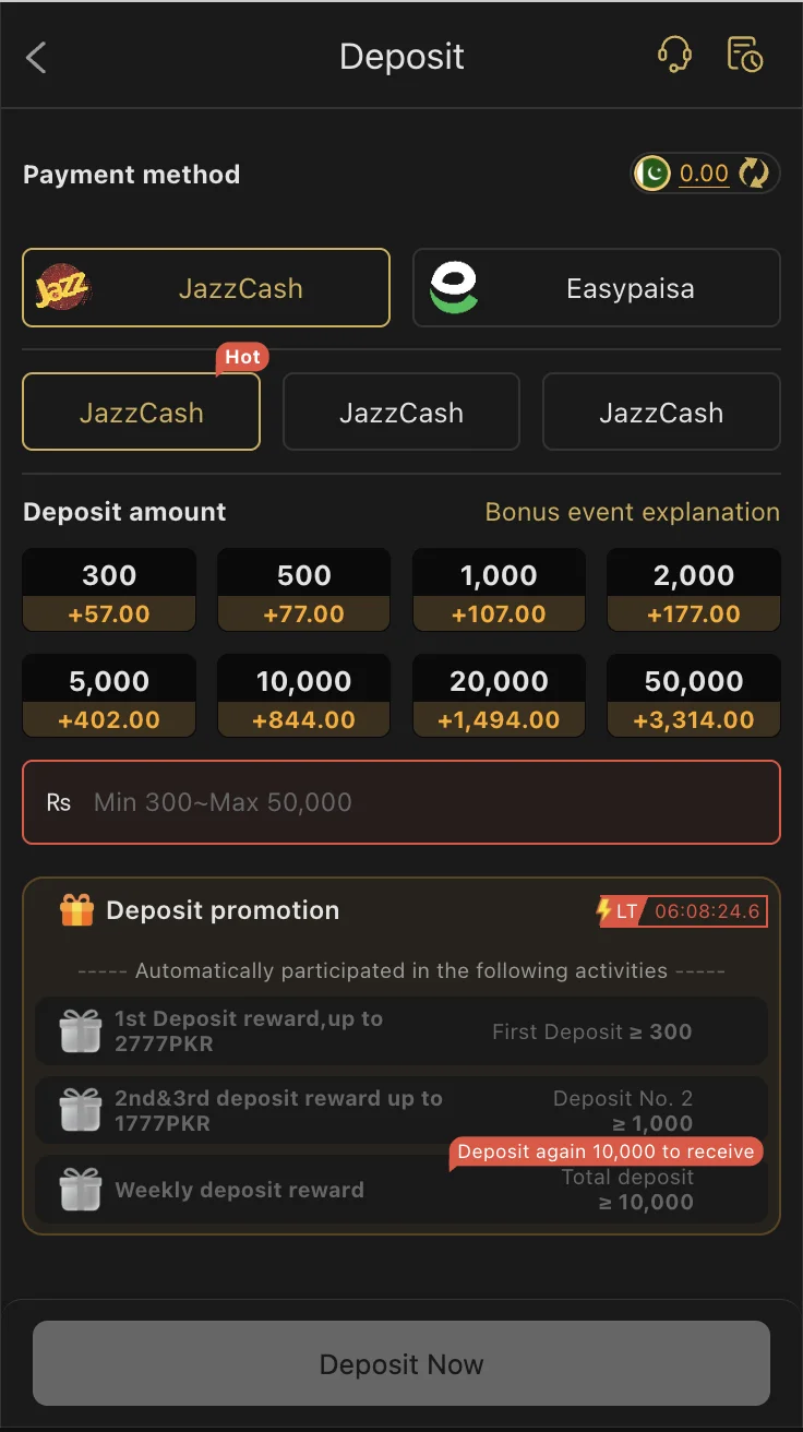 Masti365 Game deposit screen with JazzCash and EasyPaisa payment options