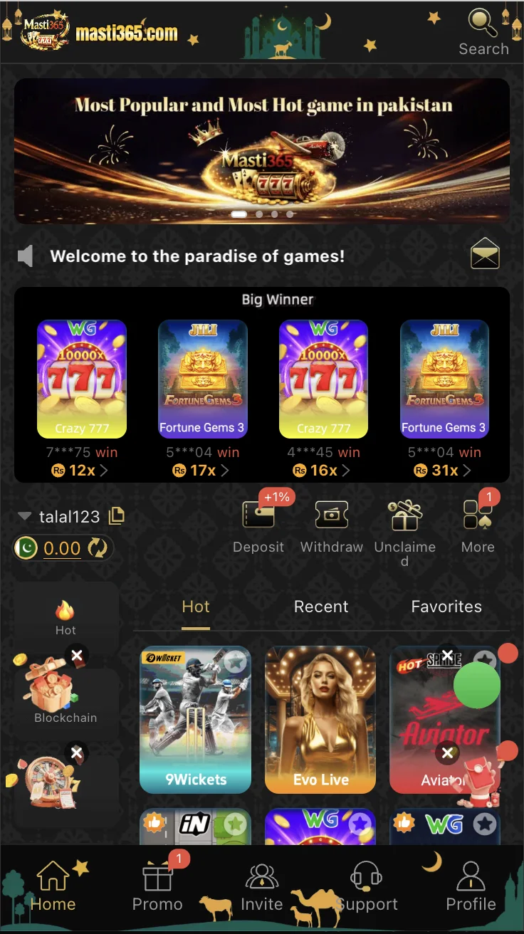 Masti365 Game home screen showing the games lobby with category tabs