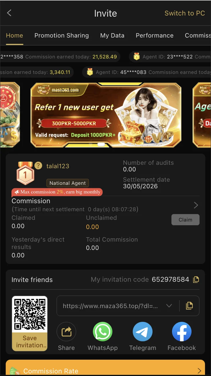 Masti365 referral commission programme screen with invite code and earnings