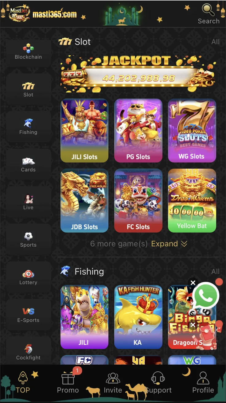 Masti365 slots lobby featuring multiple spinning-reel titles