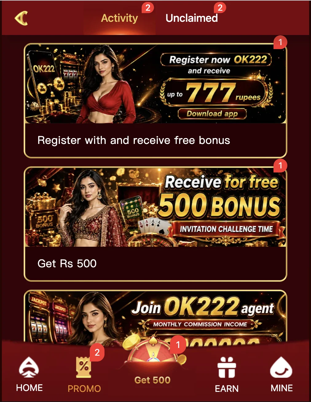 OK222 Game bonus and promotions screen showing daily rewards