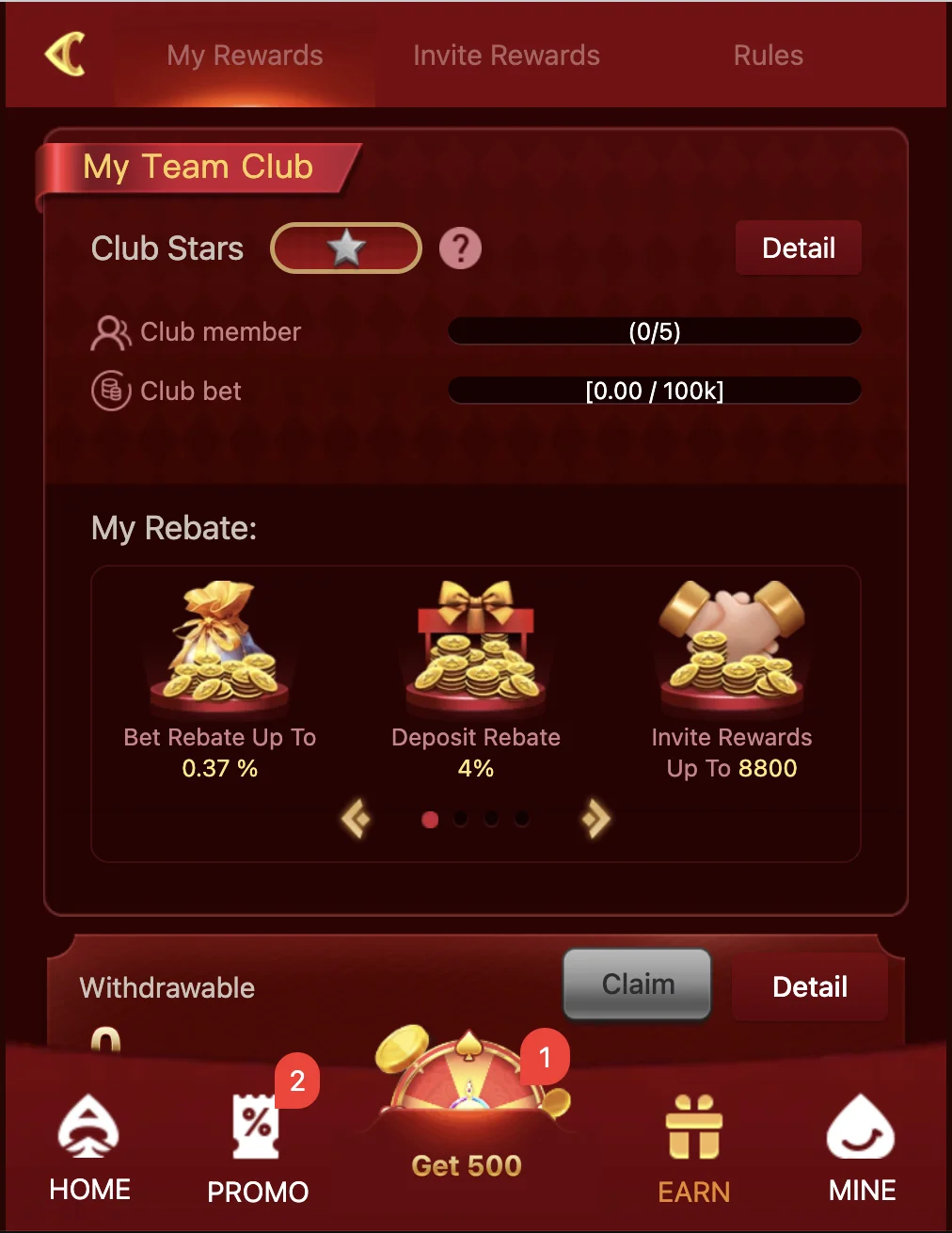 OK222 referral commission programme screen with invite code and earnings