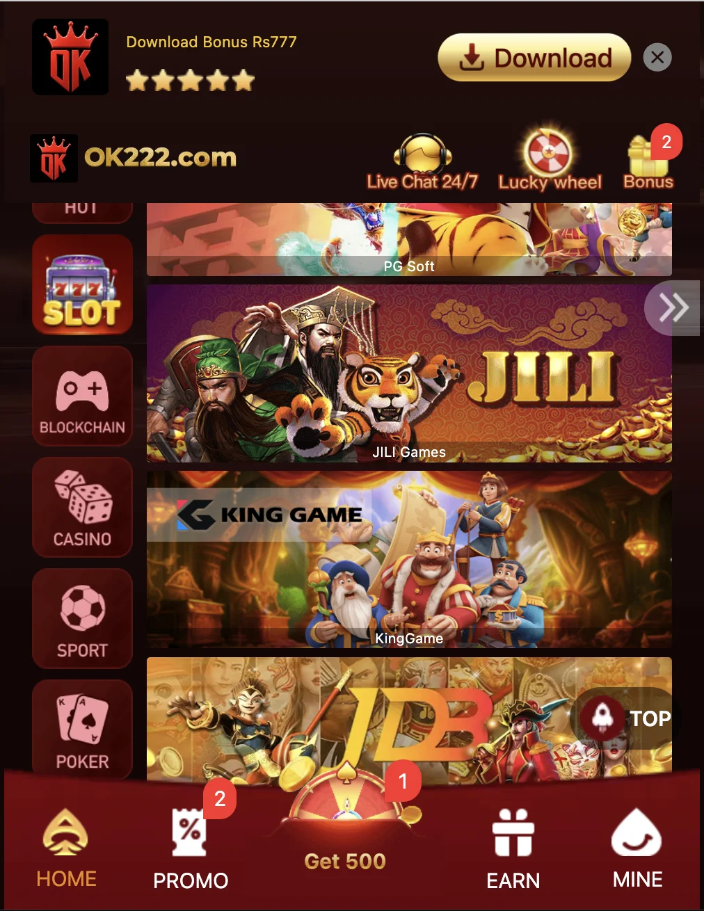 OK222 slots lobby featuring Fortune Gems and Super Ace reel games