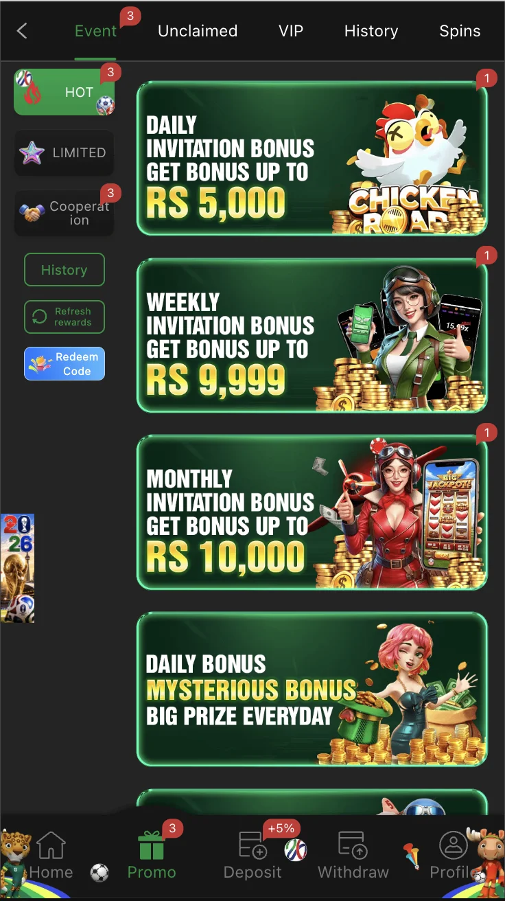 OKPKR Game bonus and promotions screen showing daily rewards