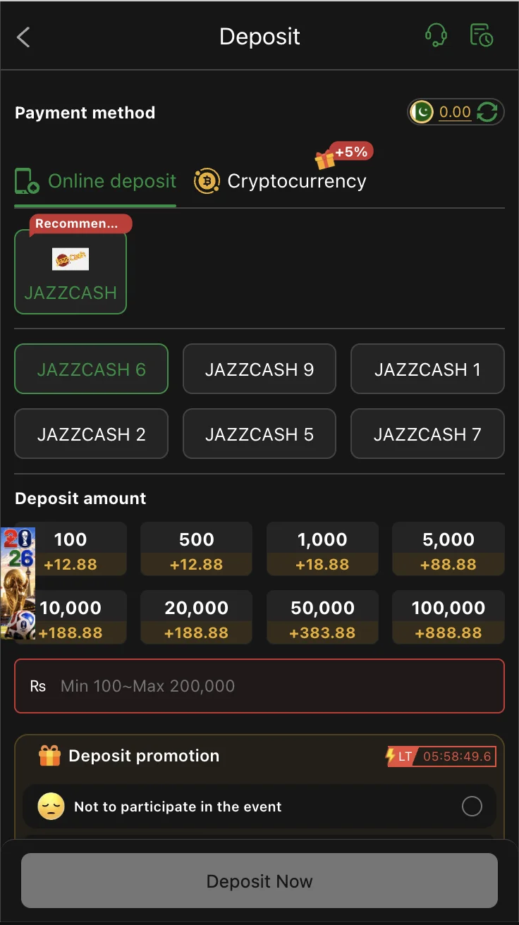 OKPKR Game deposit screen with JazzCash and EasyPaisa payment options