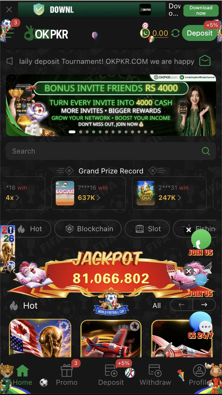 OKPKR Game home screen showing the games lobby with slots, Teen Patti and prediction games