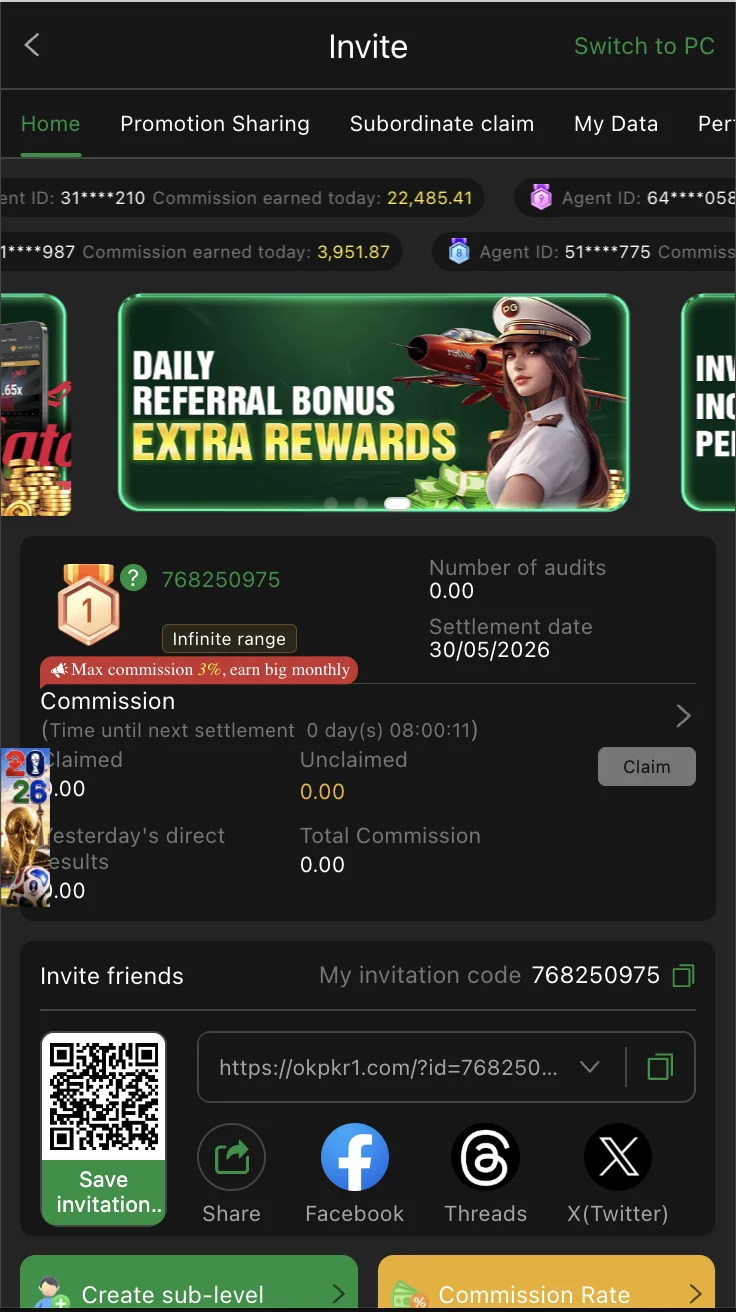 OKPKR referral commission programme screen with invite code and earnings
