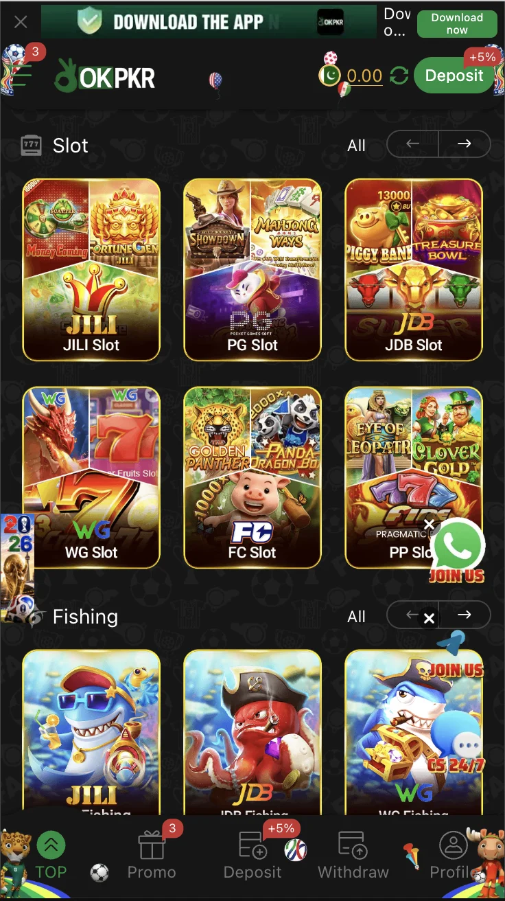 OKPKR Game slots lobby featuring spinning-reel games