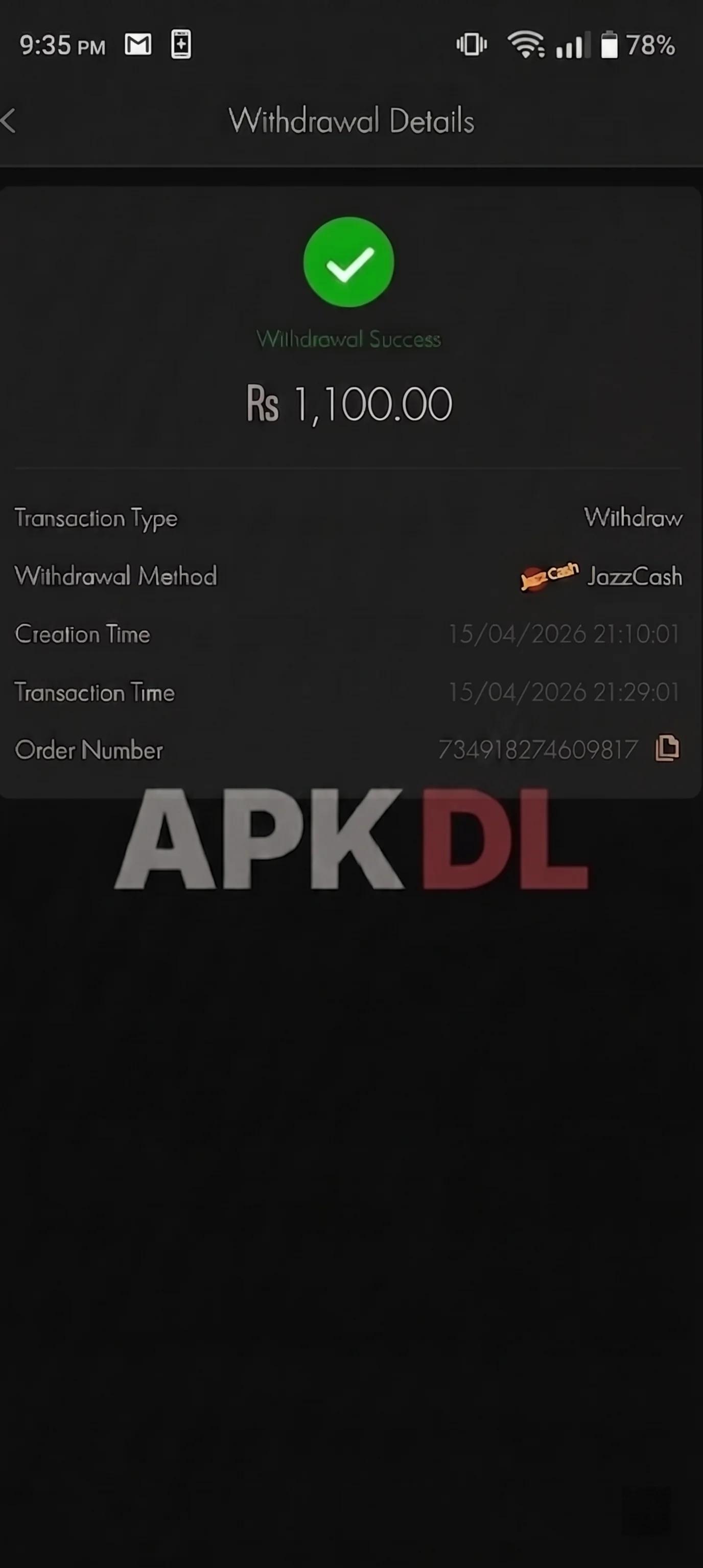 OKPKR withdrawal proof - Rs 1,100 withdrawn via JazzCash in 19 minutes
