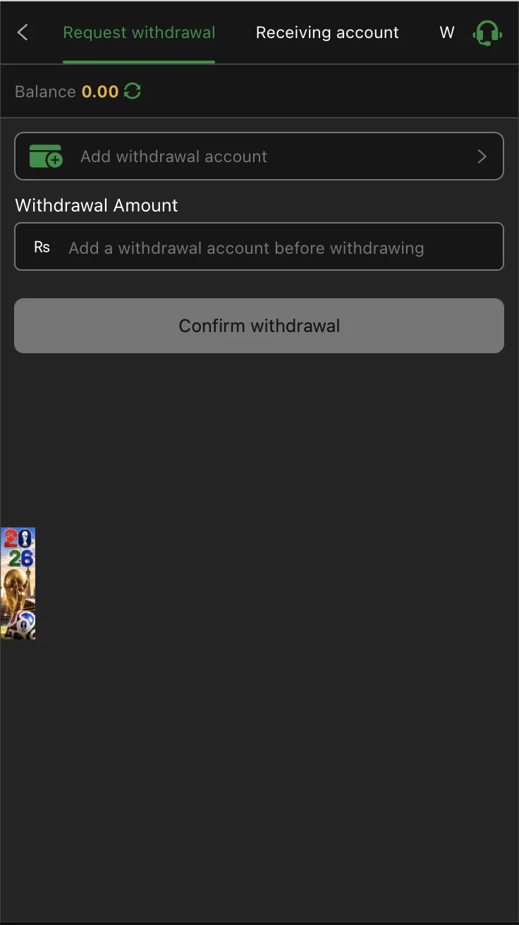 OKPKR Game withdrawal screen showing the minimum amount and mobile-wallet option