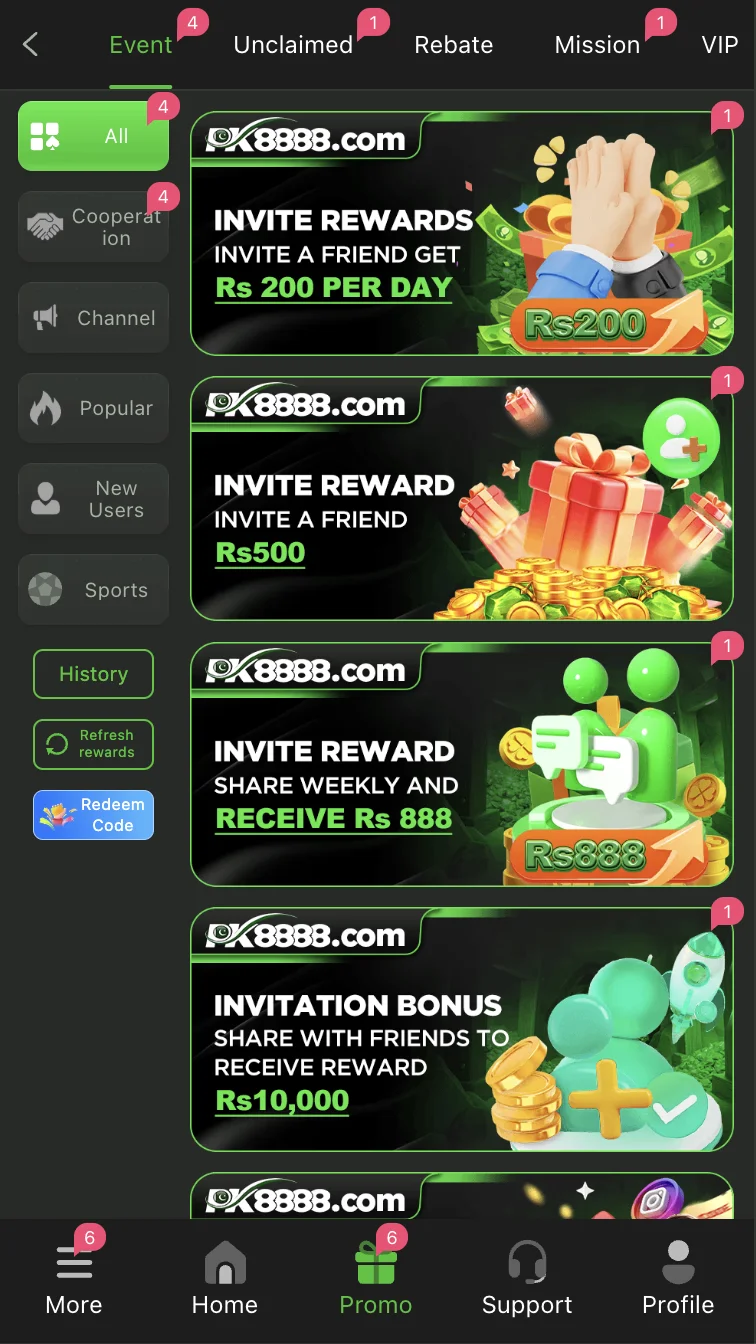PK8888 Game bonus and rewards page showing Rs 88 sign-up bonus and daily offers