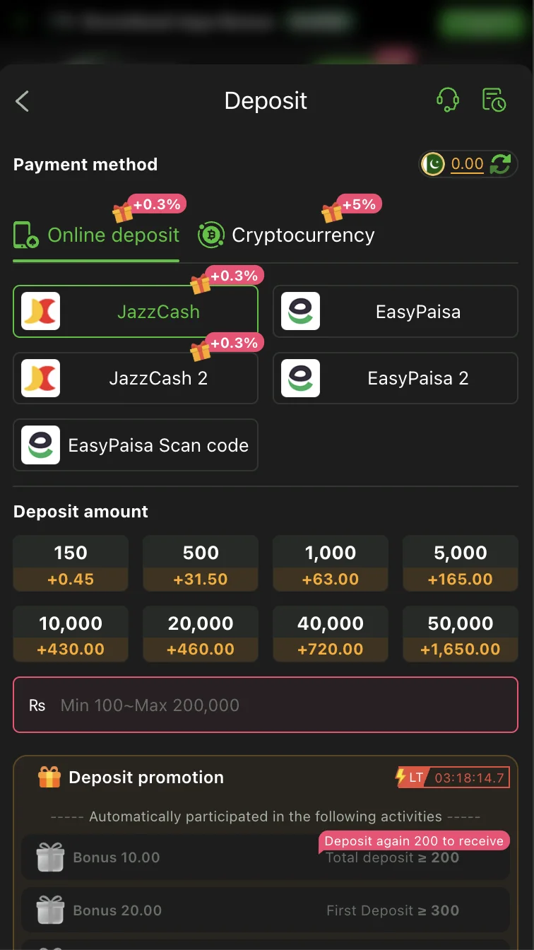 PK8888 Game deposit screen showing JazzCash and EasyPaisa payment options with Rs 150 minimum