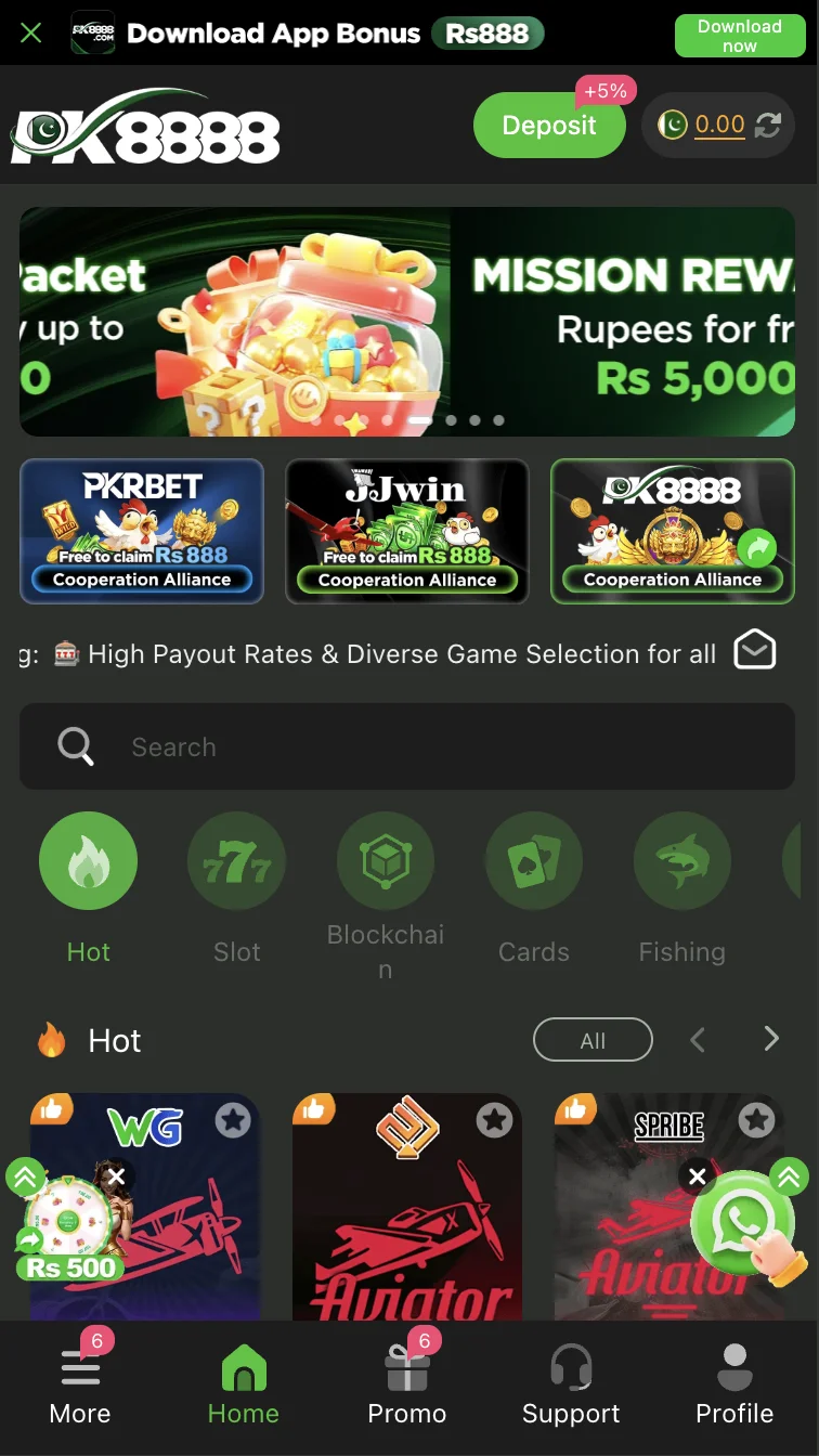PK8888 Game home screen showing the full lobby with Dragon Tiger, Slots and Color Prediction sections