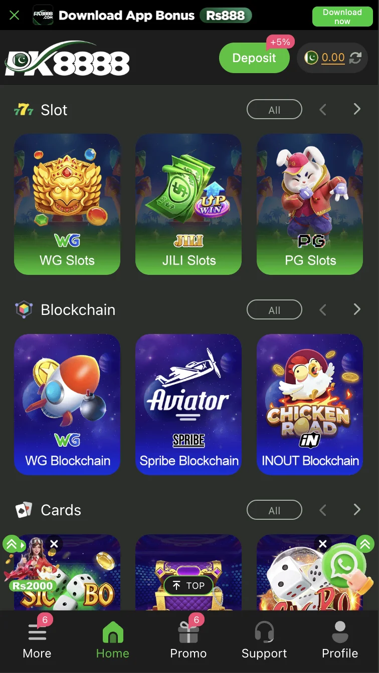 PK8888 Game slots lobby showing multiple reel titles and minimum bet options