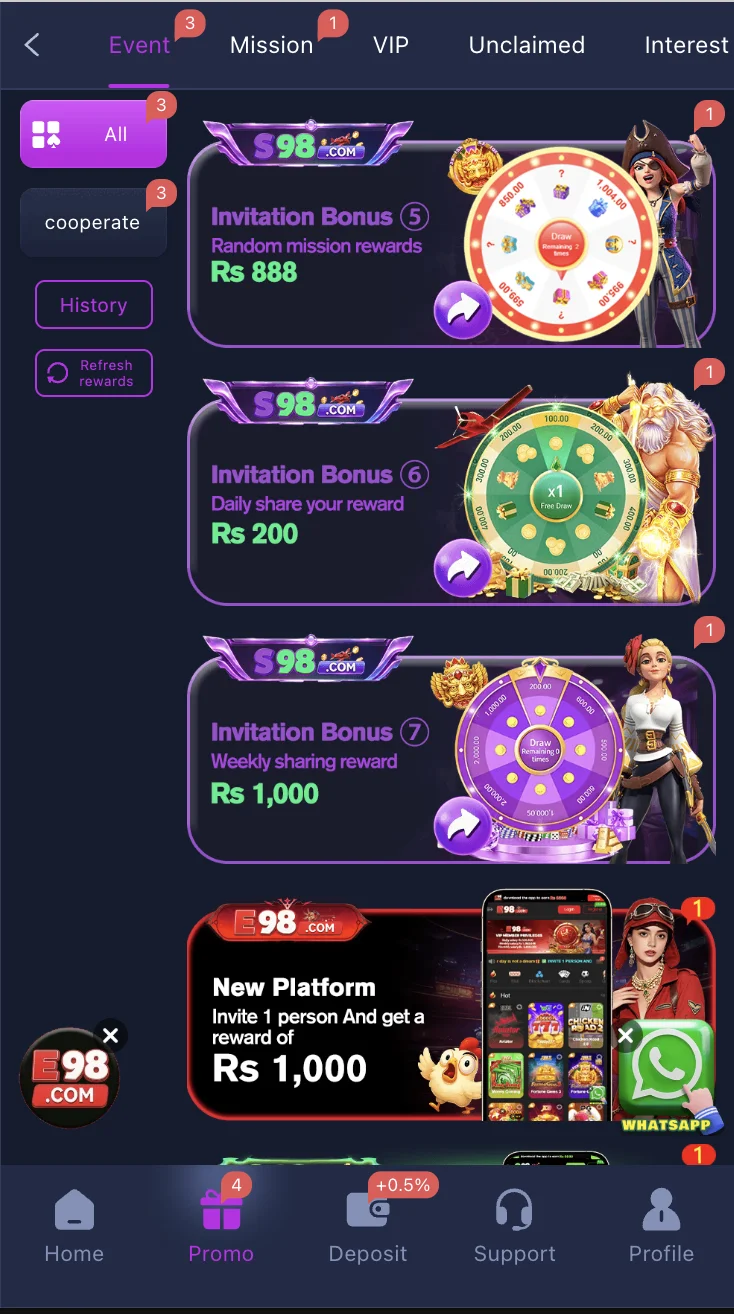 S98 bonus and promotions page showing daily rewards and cashback offers