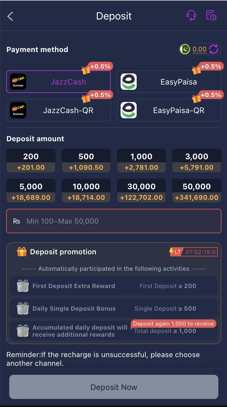 S98 Game deposit screen with JazzCash and EasyPaisa payment options