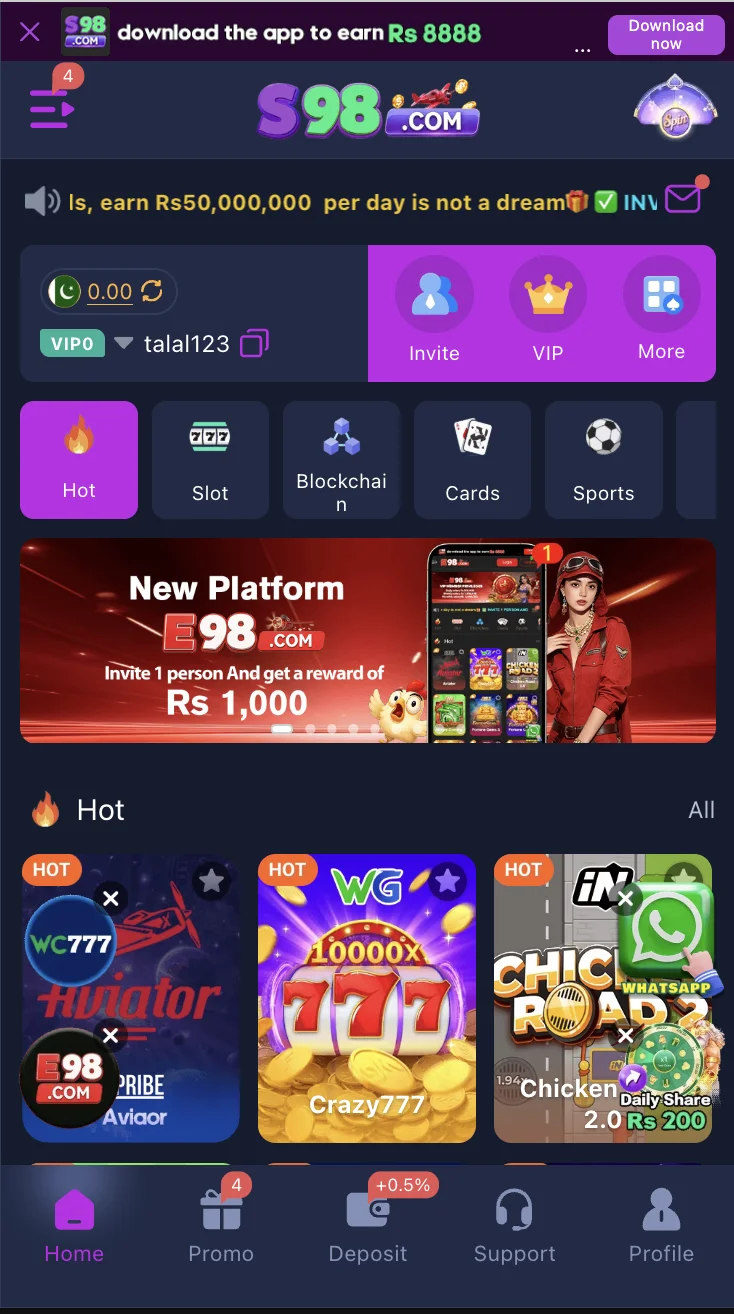 S98 Game home screen showing the games lobby with card games and slots