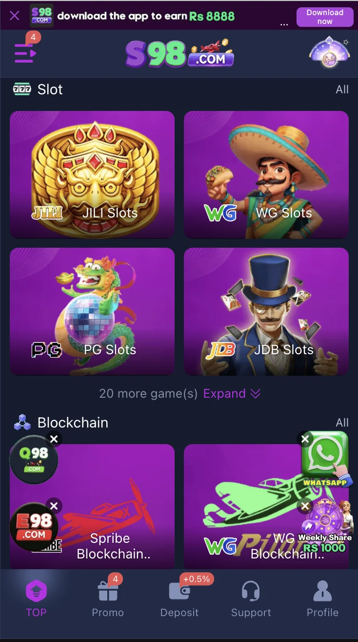 S98 Game slots library screen with spinning reel titles and bet amounts