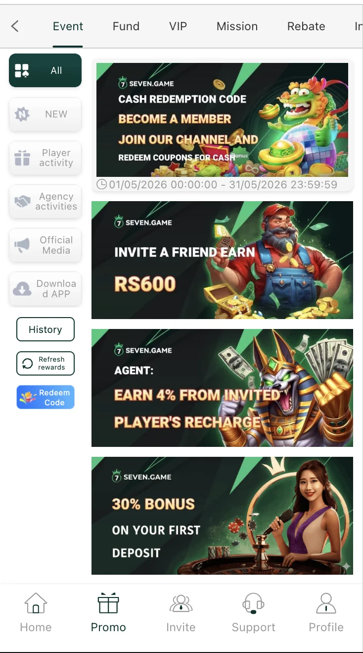 Seven Game bonus and promotions screen showing daily rewards