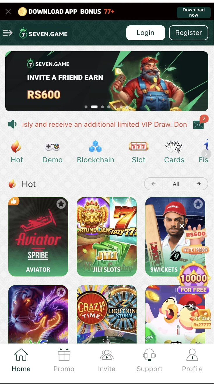Seven Game home screen showing the games lobby with card games and slots