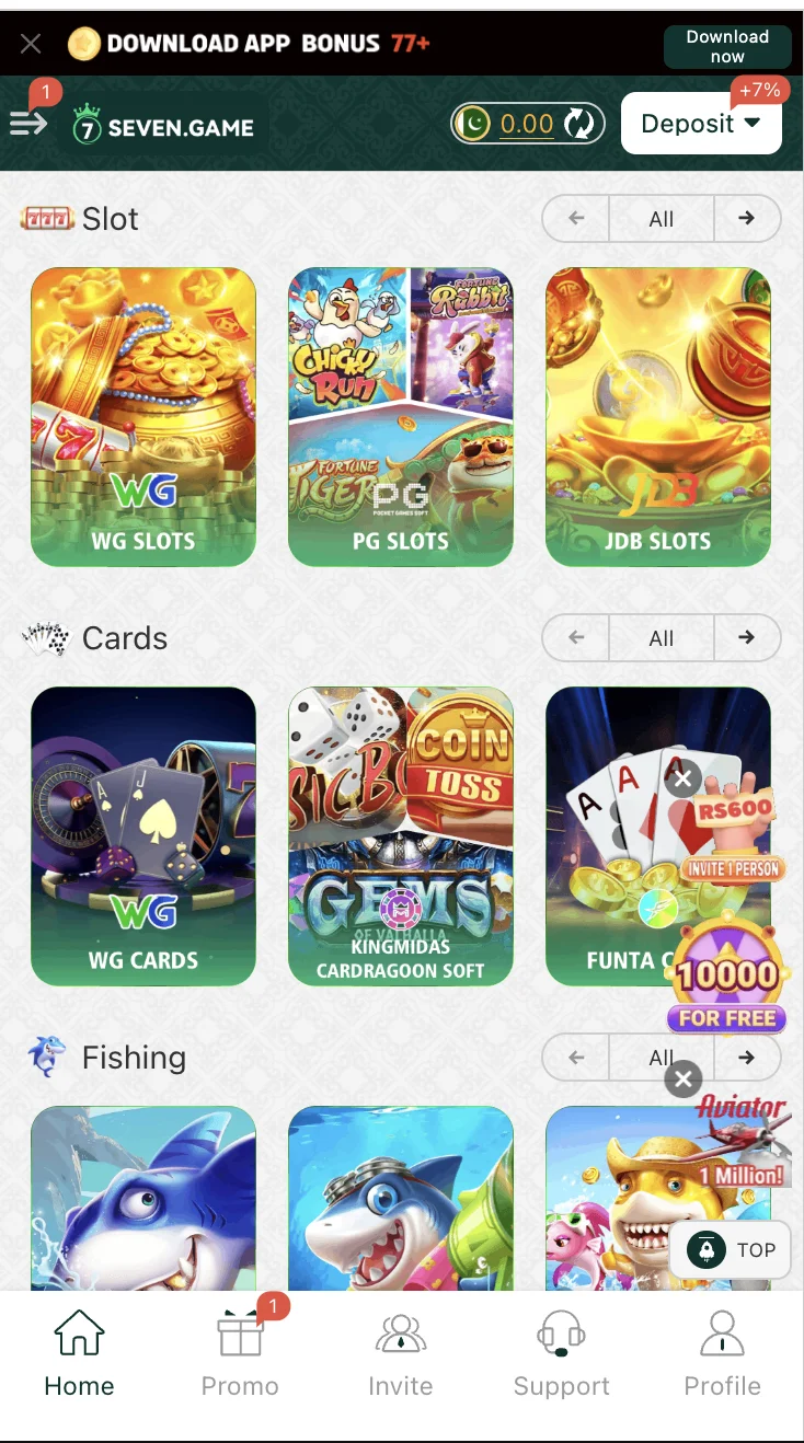 Seven Game slots lobby featuring spinning-reel games