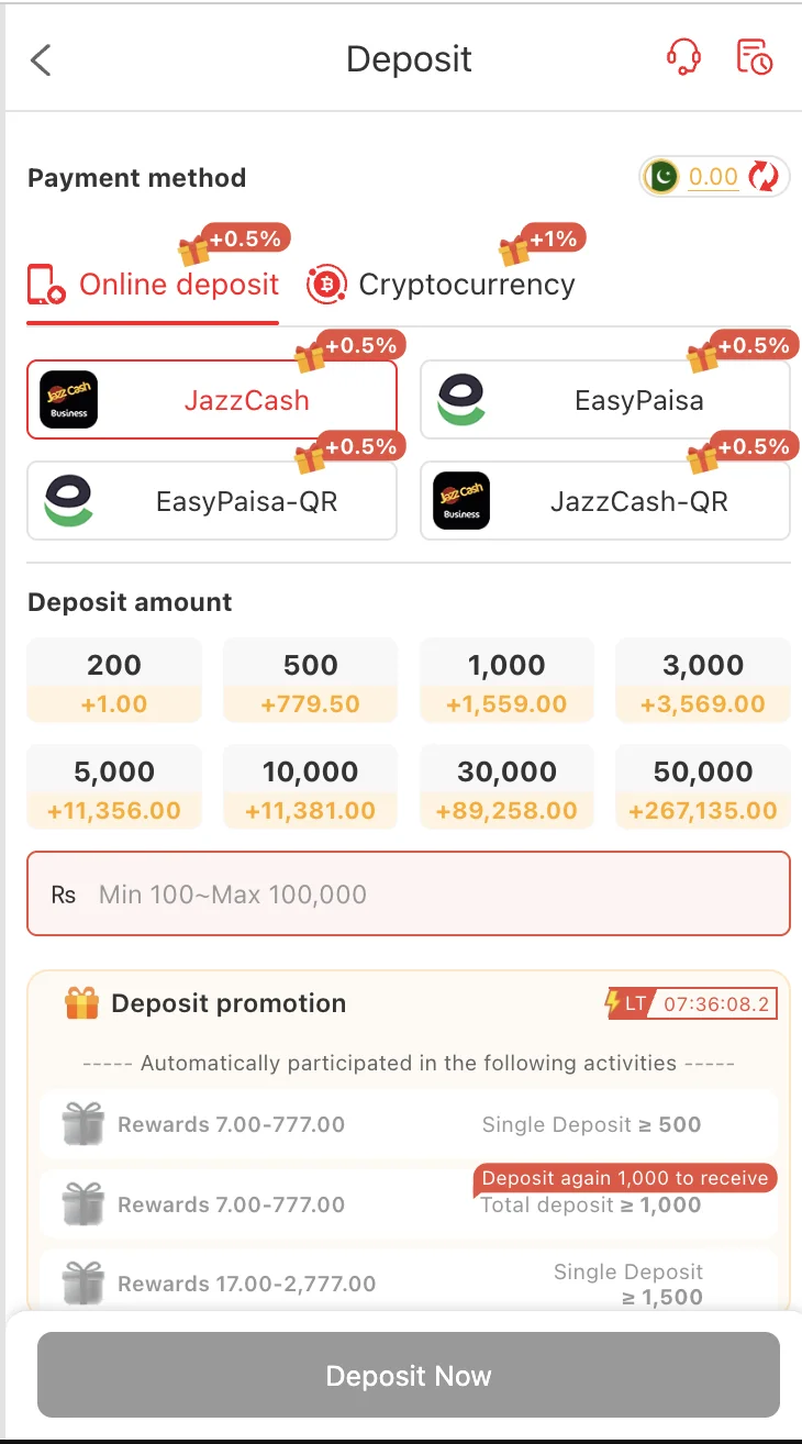 X777 Game deposit screen with JazzCash and EasyPaisa payment options