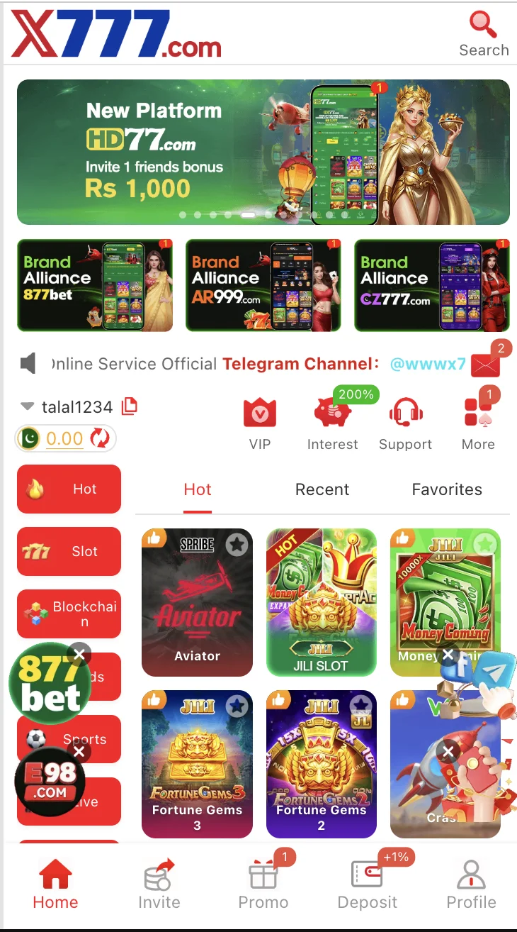 X777 Game home screen showing the games lobby with Teen Patti, slots and live casino